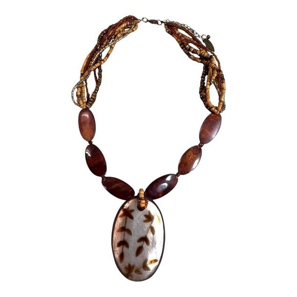 Coldwater Creek Bakelite Look Plants Boho Beaded Necklace Large Leaf Pendant - Picture 1 of 8